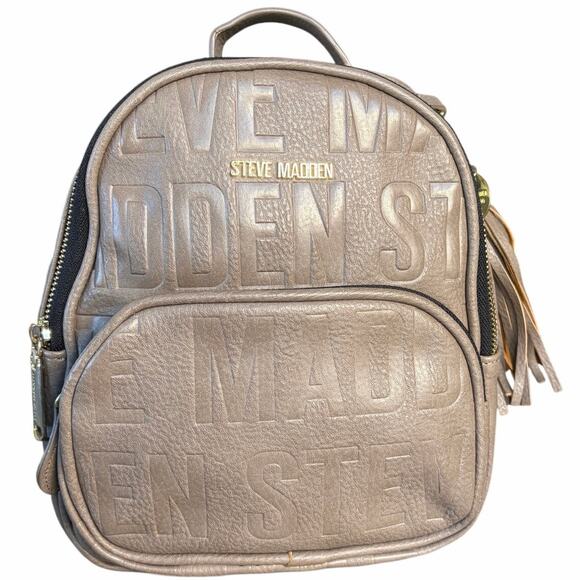 Steve Madden Handbags - Steve Madden Mini Backpack LOGO Tassel Charm Vegan Leather Y2K Greige Taupe
